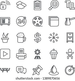 Thin Line Icon Set - 24 around vector, baby, clouds, safe, contract, hierarchy, dollar sign, printer, seedling, water drop, picnic table, search cargo, reel, dialog, paper pin, play button, archive