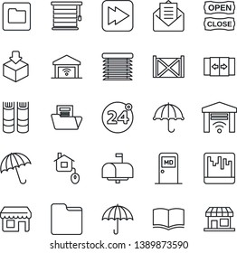 Thin Line Icon Set - 24 around vector, automatic door, umbrella, medical room, book, container, package, mail, fast forward, scanner, folder, document, mailbox, open close, home control, jalousie