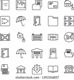 Thin Line Icon Set - 24 around vector, automatic door, umbrella, medical room, checkroom, book, container, mail, fast forward, scanner, folder, copybook, document, home control, garage gate