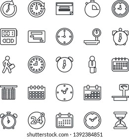 Thin Line Icon Set - 24 around vector, alarm clock, flight table, calendar, heavy scales, stopwatch, manager, schedule, sand