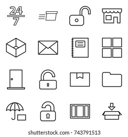 thin line icon set : 24 7, delivery, unlock, shop, box, mail, copybook, window, door, package, documents, insurance, unlocked