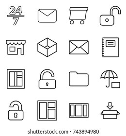 thin line icon set : 24 7, mail, delivery, unlock, shop, box, copybook, window, documents, insurance, unlocked, package