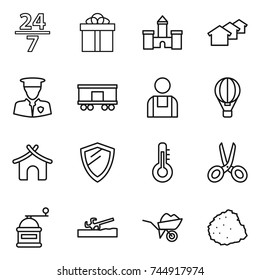 thin line icon set : 24 7, gift, castle, houses, security man, railroad shipping, workman, air ballon, bungalow, shield, thermometer, scissors, hand mill, soil cutter, wheelbarrow, pile of garbage