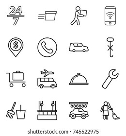 thin line icon set : 24 7, delivery, courier, phone wireless, dollar pin, car shipping, do not hook sign, baggage trolley, transfer, meal cap, wrench, bucket and broom, skysrcapers cleaning, wash