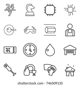 thin line icon set : 24 7, chess horse, chip, cell corection, smart glasses, nano tube, workman, ticket, watch, drop, garage, blender, dish cleanser, wiping, house cleaning