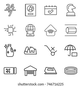 thin line icon set : 24 7, annual report, calendar, chess horse, chip, notebook globe, wireless home, nano tube, cleanser, project, do not trolley sign, insurance, ticket, garage, iron