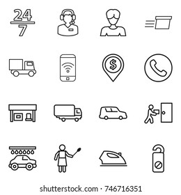 thin line icon set : 24 7, call center, woman, delivery, truck, phone wireless, dollar pin, gas station, shipping, car, courier, wash, with duster, iron, do not distrub