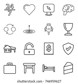 thin line icon set : 24 7, heart, monitor arrow, brain, quantum bond, target, jet robot, wineglass, house with garage, unlock, tax, protected, suitcase, stool, bed, cake