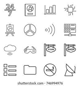 thin line icon set : 24 7, annual report, graph, chip, presentation, diagram, wireless, server, cloud, smart glasses, store signboard, shop, list, documents, no smoking, satellite antenna