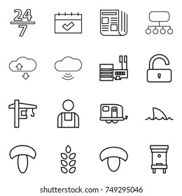 thin line icon set : 24 7, calendar, newspaper, structure, cloude service, cloud wireless, mall, unlock, tower crane, workman, trailer, shark flipper, mushroom, spikelets, hive