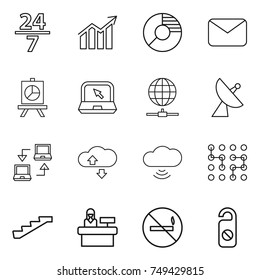 thin line icon set : 24 7, diagram, circle, mail, presentation, notebook, globe connect, satellite antenna, cloude service, cloud wireless, chip, stairs, reception, no smoking, do not distrub