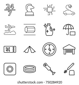 thin line icon set : 24 7, chess horse, chip, electric car, weather management, nano tube, cleanser, insurance, ticket, tent, watch, garage, ring button, inflatable pool, blender, toilet brush