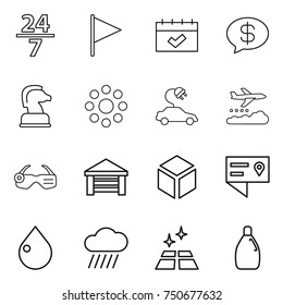 thin line icon set : 24 7, flag, calendar, money message, chess horse, round around, electric car, weather management, smart glasses, garage, 3d, location details, drop, rain cloud, clean floor
