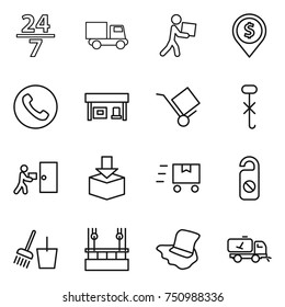 thin line icon set : 24 7, truck, courier, dollar pin, phone, gas station, trolley, do not hook sign, delivery, package, fast deliver, distrub, bucket and broom, skysrcapers cleaning, floor washing