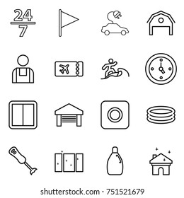 thin line icon set : 24 7, flag, electric car, barn, workman, ticket, surfer, watch, power switch, garage, ring button, inflatable pool, blender, clean window, cleanser, house cleaning