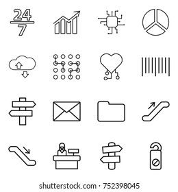 thin line icon set : 24 7, diagram, chip, cloude service, cardio, bar code, singlepost, mail, documents, escalator, reception, signpost, do not distrub