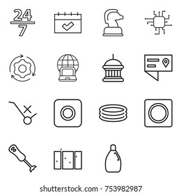 thin line icon set : 24 7, calendar, chess horse, chip, around gear, notebook globe, goverment house, location details, do not trolley sign, ring button, inflatable pool, blender, clean window