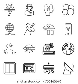 Thin line icon set : 24 7, call center, bulb head, atom core, globe connect, satellite antenna, factory filter, phone wireless, electric car, ufo, cashbox, power switch, tv, air conditioning