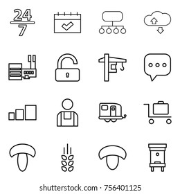 Thin line icon set : 24 7, calendar, structure, cloude service, mall, unlock, tower crane, sms, sorting, workman, trailer, baggage trolley, mushroom, spikelets, hive