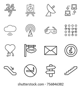 Thin line icon set : 24 7, presentation, satellite antenna, notebook connect, cloud wireless, smart glasses, chip, cardio, store signboard, mail, info, escalator, no smoking, signpost, stairs