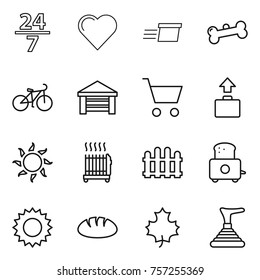 Thin line icon set : 24 7, heart, delivery, bone, bike, garage, cart, baggage, sun, radiator, fence, toaster, bread, maple leaf, plunger