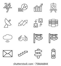 Thin line icon set : 24 7, diagram, presentation, satellite antenna, up down arrow, notebook connect, server, cloud wireless, smart glasses, store signboard, shop, mail, stairs, signpost