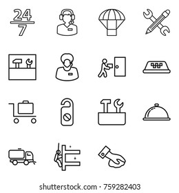 Thin line icon set : 24 7, call center, parachute, pencil wrench, tools, support manager, courier delivery, taxi, baggage trolley, do not distrub, repair, meal cap, sweeper, skyscrapers cleaning