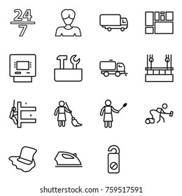Thin line icon set : 24 7, woman, shipping, consolidated cargo, atm, repair tools, sweeper, skysrcapers cleaning, skyscrapers, brooming, with duster, vacuum cleaner, floor washing, iron