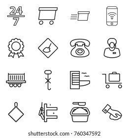 Thin line icon set : 24 7, delivery, phone wireless, medal, under construction, support manager, truck shipping, do not hook sign, hotel, baggage trolley, rag, skyscrapers cleaning, washing powder