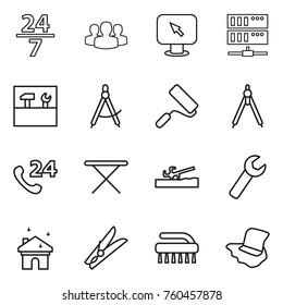 Thin line icon set : 24 7, group, monitor arrow, server, tools, draw compass, repair, drawing compasses, phone, iron board, soil cutter, wrench, house cleaning, clothespin, brush, floor washing