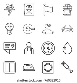 Thin line icon set : 24 7, annual report, flag, notebook globe, bulb brain, cell corection, electric car, smart glasses, location details, workman, watch, drop, power switch, iron, ring button