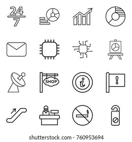 Thin line icon set : 24 7, diagram, circle, mail, chip, presentation, satellite antenna, shop signboard, info, important flag, escalator, reception, no smoking, do not distrub