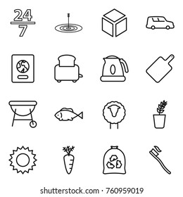 Thin line icon set : 24 7, target, 3d, car shipping, passport, toaster, kettle, cutting board, bbq, fish, sheep, seedling, sun, carrot, garbage bag, tooth brush