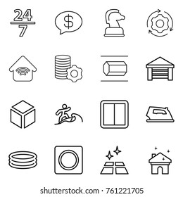 Thin line icon set : 24 7, money message, chess horse, around gear, wireless home, virtual mining, nano tube, garage, 3d, surfer, power switch, iron, inflatable pool, ring button, clean floor