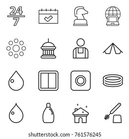 Thin line icon set : 24 7, calendar, chess horse, notebook globe, round around, goverment house, workman, tent, drop, power switch, ring button, inflatable pool, cleanser, cleaning, toilet brush