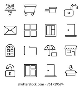 Thin line icon set : 24 7, delivery, unlock, mail, window, door, arch, documents, insurance, shop, unlocked, package