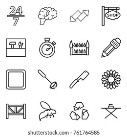 Thin line icon set : 24 7, brain, up down arrow, shop signboard, tools, stopwatch, gothic architecture, pencil, cutting board, whisk, chef knife, flower, farm fence, wasp, recycling, iron