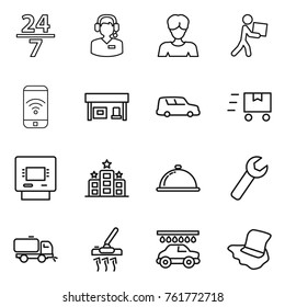 Thin line icon set : 24 7, call center, woman, courier, phone wireless, gas station, car shipping, fast deliver, atm, hotel, meal cap, wrench, sweeper, vacuum cleaner, wash, floor washing