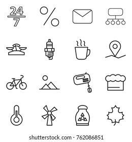 Thin line icon set : 24 7, percent, mail, structure, scales, spark plug, hot drink, geo pin, bike, landscape, mixer, chief hat, thermometer, windmill, fertilizer, maple leaf