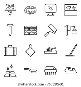 Thin line icon set : 24 7, team, monitor arrow, tools, nail, brick wall, repair, loading, suitcase, rag, soil cutter, rake, clean floor, brush, iron