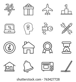 Thin line icon set : 24 7, gift, plane, pedestal, notebook, bulb head, satellite, pencil wrench, info, home, medal, sand clock, bell, grill oven, rake