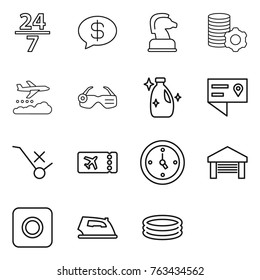 Thin line icon set : 24 7, money message, chess horse, virtual mining, weather management, smart glasses, cleanser, location details, do not trolley sign, ticket, watch, garage, ring button, iron