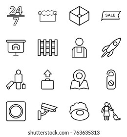 Thin line icon set : 24 7, electrostatic, box, sale, presentation, pallet, workman, rocket, passenger, baggage, map, do not distrub, ring button, surveillance camera, soap, brooming