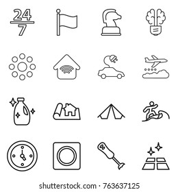Thin line icon set : 24 7, flag, chess horse, bulb brain, round around, wireless home, electric car, weather management, cleanser, project, tent, surfer, watch, ring button, blender, clean floor