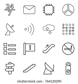 Thin line icon set : 24 7, mail, chip, diagram, satellite antenna, wireless, cloude service, list, important flag, escalator, no smoking, signpost, stairs, do not distrub