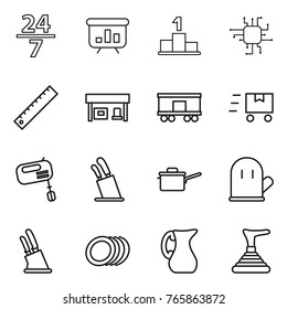 Thin line icon set : 24 7, presentation, pedestal, chip, ruler, gas station, railroad shipping, fast deliver, mixer, stands for knives, saute pan, cook glove, knife holder, plates, jug, plunger