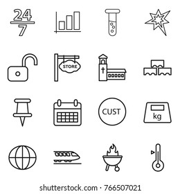 Thin line icon set : 24 7, graph, vial, bang, unlock, store signboard, church, block wall, pin, calendar, customs, heavy, globe, train, bbq, thermometer