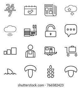 Thin line icon set : 24 7, calendar, newspaper, cloude service, cloud wireless, mall, unlock, sms, sorting, workman, trailer, baggage trolley, shark flipper, mushroom, spikelets