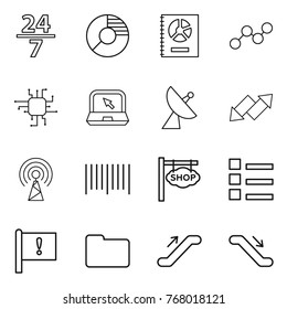 Thin line icon set : 24 7, circle diagram, annual report, graph, chip, notebook, satellite antenna, up down arrow, bar code, shop signboard, list, important flag, documents, escalator