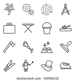 Thin line icon set : 24 7, gear, around, draw compass, suitcase, iron board, bucket, soil cutter, axe, blower, clean floor, scraper, clothespin, woman with duster, washing